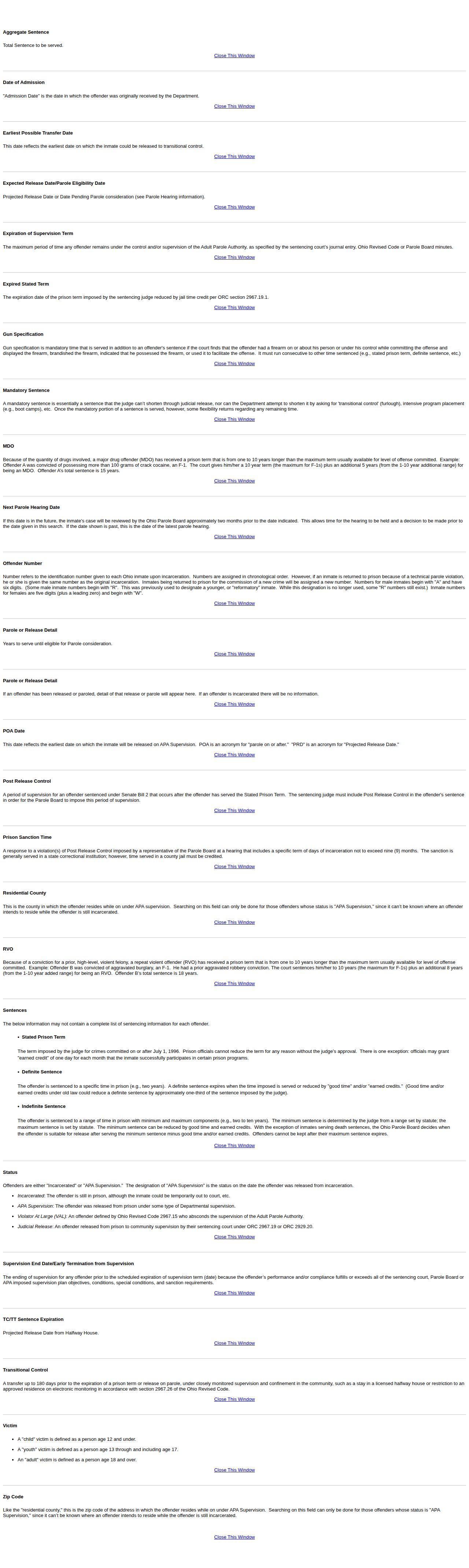ODRC projected release and parole eligibility definitions for Monroe County release date lookup